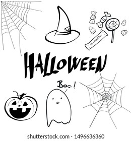 Halloween objects set. Hand drawn spider web, witch hat, trick or treat candy, pumpkin head, ghost illustrations