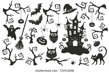 Halloween objects set isolated on white background. Collection of elements for Halloween party invitation design.