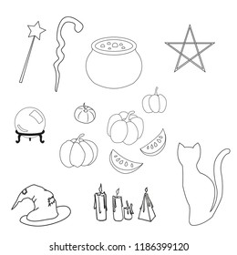 halloween objects set with magic wand, calendron, chrystal sphere, black cat, candles, pumpkins, wizard hat.