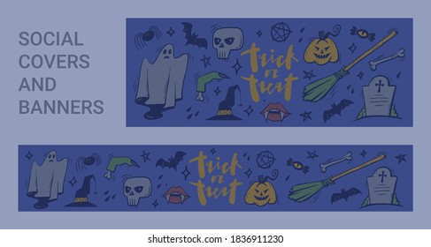 Halloween-Objekte gesetzt. Geeignet für Social-Network-Cover, Banner, Poster. Vektorgrafik handgezeichnete farbige Elemente. EPS10