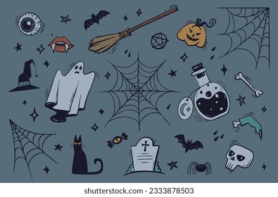 Halloween objects set. Vector hand drawn coloured elements. EPS10
