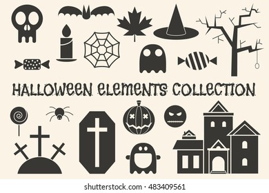 Halloween objects silhouette collection. Ghost, witch hat, pumpkin, mansion, spider web, bat, grave, sweets, lantern, skull and other outline elements.