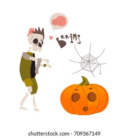 Halloween objects - skeleton zombie monster, spider web and pumpkin lantern, cartoon vector illustration isolated on white background. Cartoon skeleton zombie, Halloween pumpkin and spider web
