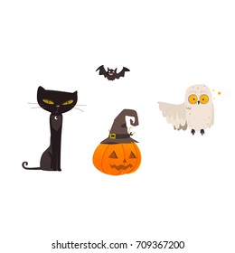 Halloween objects - spooky black cat, crazy owl, flying bat, pumpkin lantern in witch pointy hat, cartoon vector illustration isolated on white background. Cartoon cat, owl, Halloween pumpkin and bat