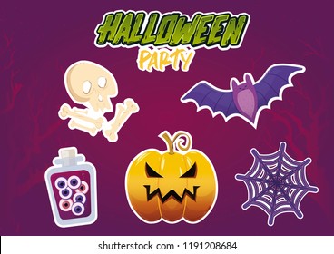 Halloween objects and stickers. Illustration themed Set