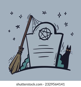 Halloween objects. Vector hand drawn illustration of a grave, black cat and a broom on a white background. EPS10