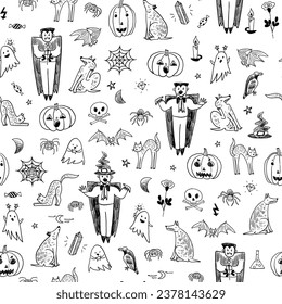 Halloween objects vector seamless pattern.