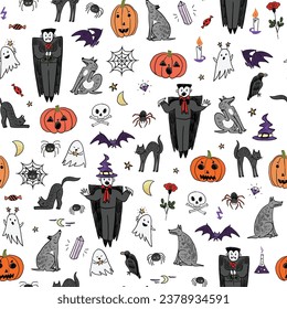 Halloween objects vector seamless pattern.