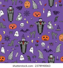 Halloween objects vector seamless pattern.