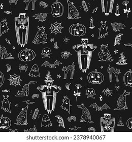 Halloween objects vector seamless pattern.