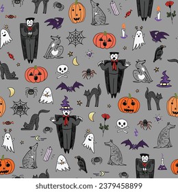 Halloween objects vector seamless pattern.