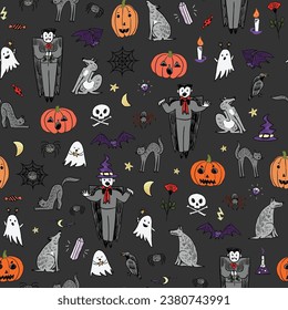 Halloween objects vector seamless pattern.