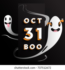 Halloween Oct 31 BOO sign with ghosts around. Vector illustration. 
