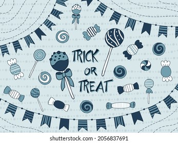 Halloween - October 31. Hand-drawn doodle illustration. A traditional holiday, the eve of All Saints ' Day, All Hallows' Eve. Trick or treat. Happy Halloween 2021! Candy, lollipop and caramel.