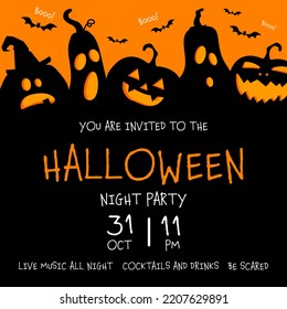 Halloween October 31 night party holiday celebration invite, poster, flyer or banner with glowing scary faced pumpkins and black flying bats. Vector illustration for Halloween party event promotion.