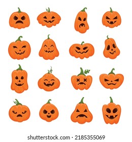 Halloween October Pumpkins. Happy Jack Lantern Smile Face, Fun Fear Holiday. Different Forms Vegetables. Funny And Evil Eyes And Mouth, Holiday Decorative Elements. Vector Cartoon Flat Set