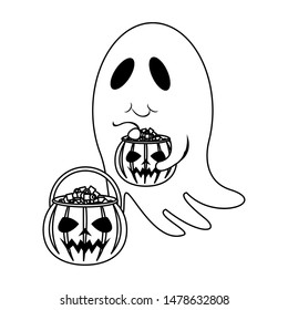 halloween october scary celebration ghost with pumpkin candys pots isolated cartoon vector illustration graphic design