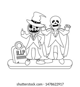 halloween october scary celebration pumpkin man with death vampire man cartoon vector illustration graphic design
