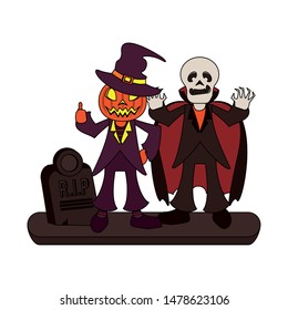 halloween october scary celebration pumpkin man with death vampire man cartoon vector illustration graphic design