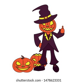 halloween october scary celebration, pumpkin man cartoon vector illustration graphic design