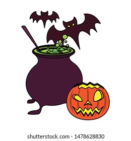 halloween october scary celebration, pumpkin with cooking pot and bat cartoon vector illustration graphic design