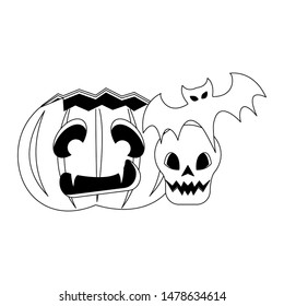 halloween october scary celebration, pumpkin with skull and bat cartoon vector illustration graphic design