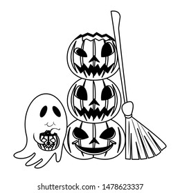 halloween october scary celebration, witch broom with pumpkins and ghost cartoon vector illustration graphic design