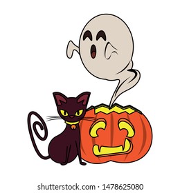 halloween october scary celebration, witch cat with pumpkin and ghost cartoon vector illustration graphic design