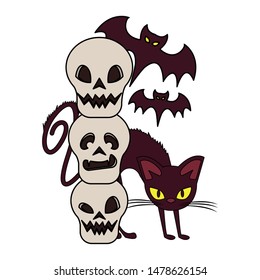 halloween october scary celebration, witch cat with skulls and bats cartoon vector illustration graphic design