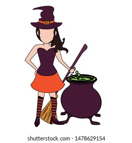 halloween october scary celebration, witch with broom and cooking pot cartoon vector illustration graphic design
