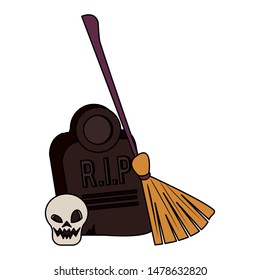 halloween october scary celebration, witch broom with stone and skull cartoon vector illustration graphic design