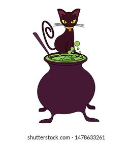 halloween october scary celebration, witch cat with cooking pot cartoon vector illustration graphic design