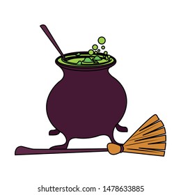 halloween october scary celebration, witch broom with cooking pot cartoon vector illustration graphic design