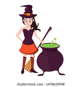 halloween october scary celebration, witch with broom and cooking pot cartoon vector illustration graphic design