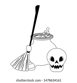 halloween october scary celebration, witch broom with cooking pot and skull cartoon vector illustration graphic design