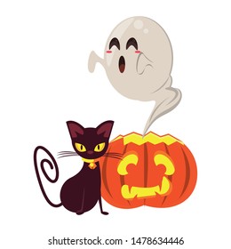 halloween october scary celebration, witch cat with pumpkin and ghost cartoon vector illustration graphic design