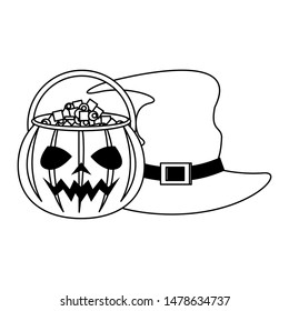 halloween october scary celebration, witch hat with pumpkin candys pot cartoon vector illustration graphic design