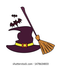 halloween october scary celebration, witch hat with broom cartoon vector illustration graphic design