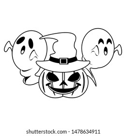 halloween october scary celebration, witch hat with ghosts and pumpkin cartoon vector illustration graphic design