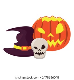 halloween october scary celebration, witch hat with skull and pumpkin cartoon vector illustration graphic design