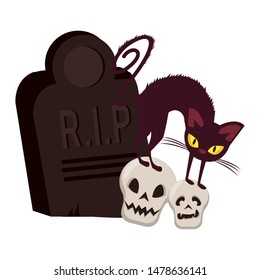 halloween october scary celebration, witch cat with skulls and stone cartoon vector illustration graphic design