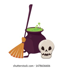 halloween october scary celebration, witch broom with cooking pot and skull cartoon vector illustration graphic design