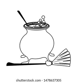 halloween october scary celebration, witch broom with cooking pot cartoon vector illustration graphic design