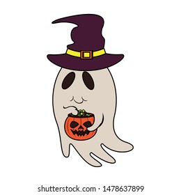 halloween october scary celebration, witch hat with ghost holding pumpkin pot cartoon vector illustration graphic design