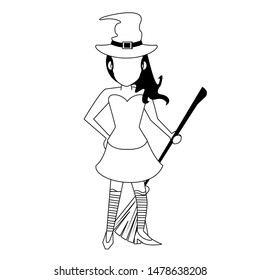 halloween october scary celebration, witch with broom cartoon vector illustration graphic design