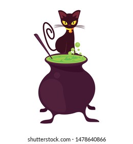 halloween october scary celebration, witch cat with cooking pot cartoon vector illustration graphic design