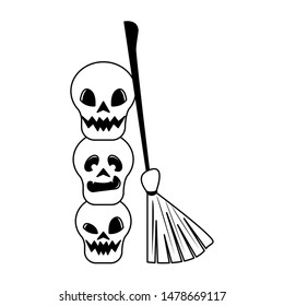 halloween october scary celebration, witch broom with skulls cartoon vector illustration graphic design