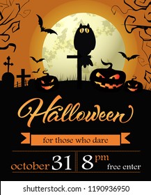 Halloween, October thirty first lettering with pumpkins and moon. Invitation or advertising design. Handwritten text, calligraphy. For leaflets, brochures, invitations, posters or banners.