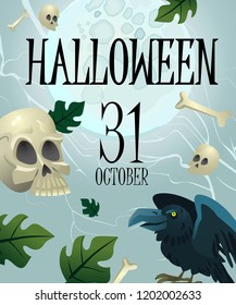 Halloween, October thirty first lettering with bones and crow. Invitation or advertising design. Typed text, calligraphy. For leaflets, brochures, invitations, posters or banners.