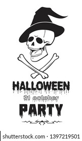 Halloween october thirty first party emblem or logo badge font. All Saints' Eve black vector lettering design for banners poster or t-shirt on a white background. Scary skull witch's hat and bones